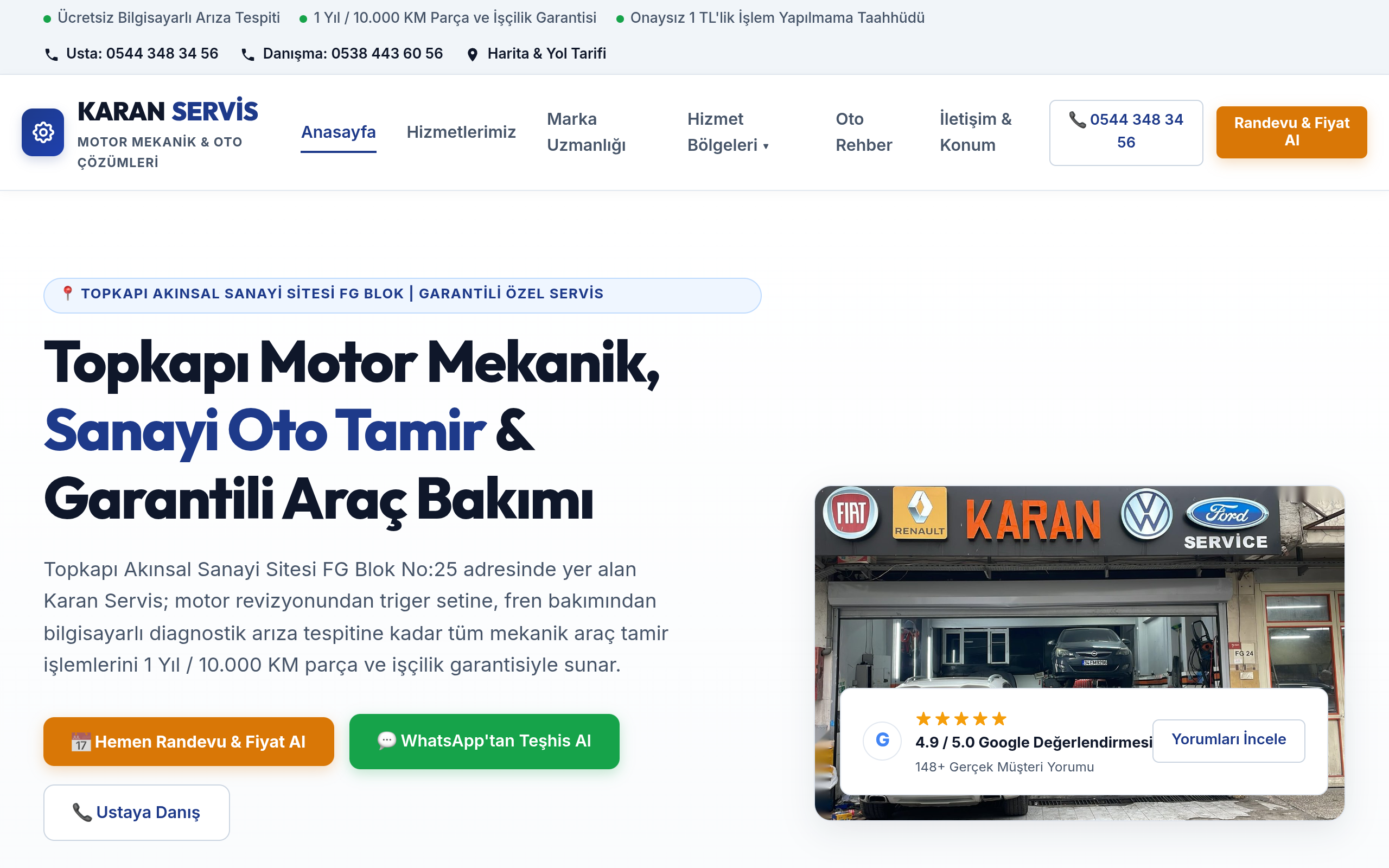 Karan Servis Araç Bakım ve Onarım Canlı Arayüz